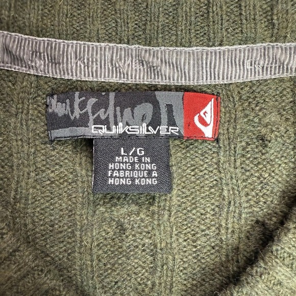 Quicksilver Sweater Large Men's Green Pullover V Neck Cable Knit - Lambs Wool - Picture 4 of 15